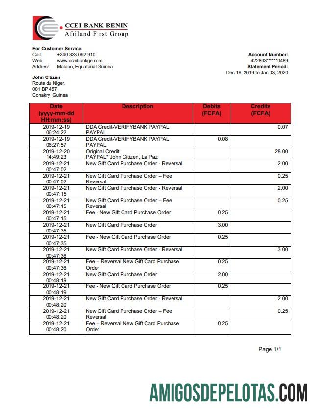 Modelo de comprovante de endereço do banco CCEI da Guiné Equatorial para impressão